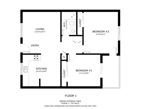 Floor plan for 2 beds, 1 bath, 650 sqft